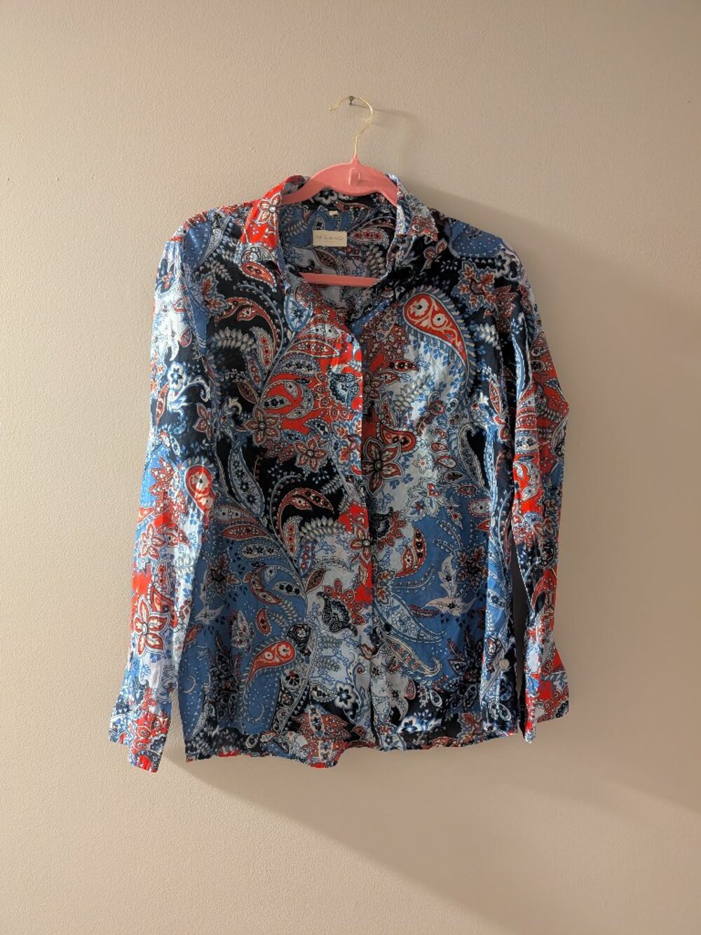 Milano Italy Paisley Button Front Cotton Blouse Blue Red White Size 40